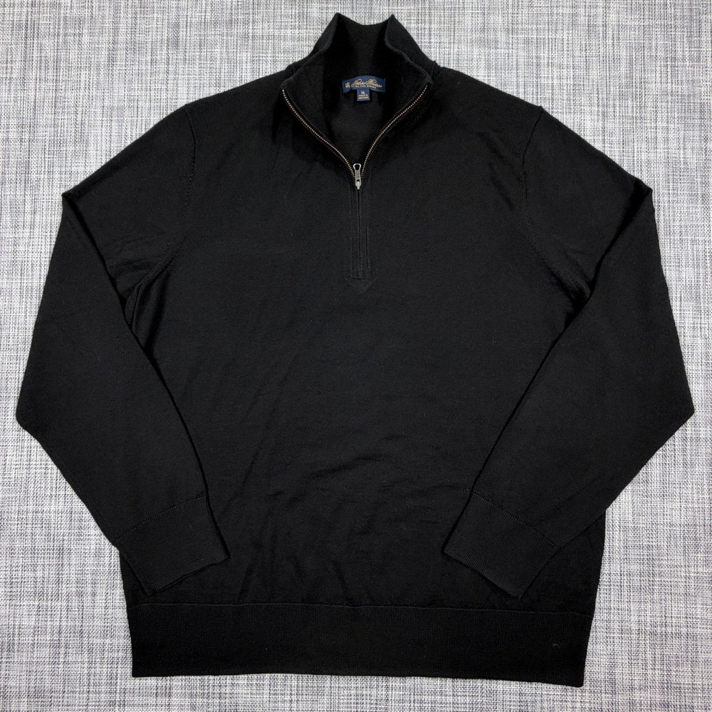 Brooks Brothers Mens Sweater XL Black Ultrafine Merino Wool Quarter Zip Raglan